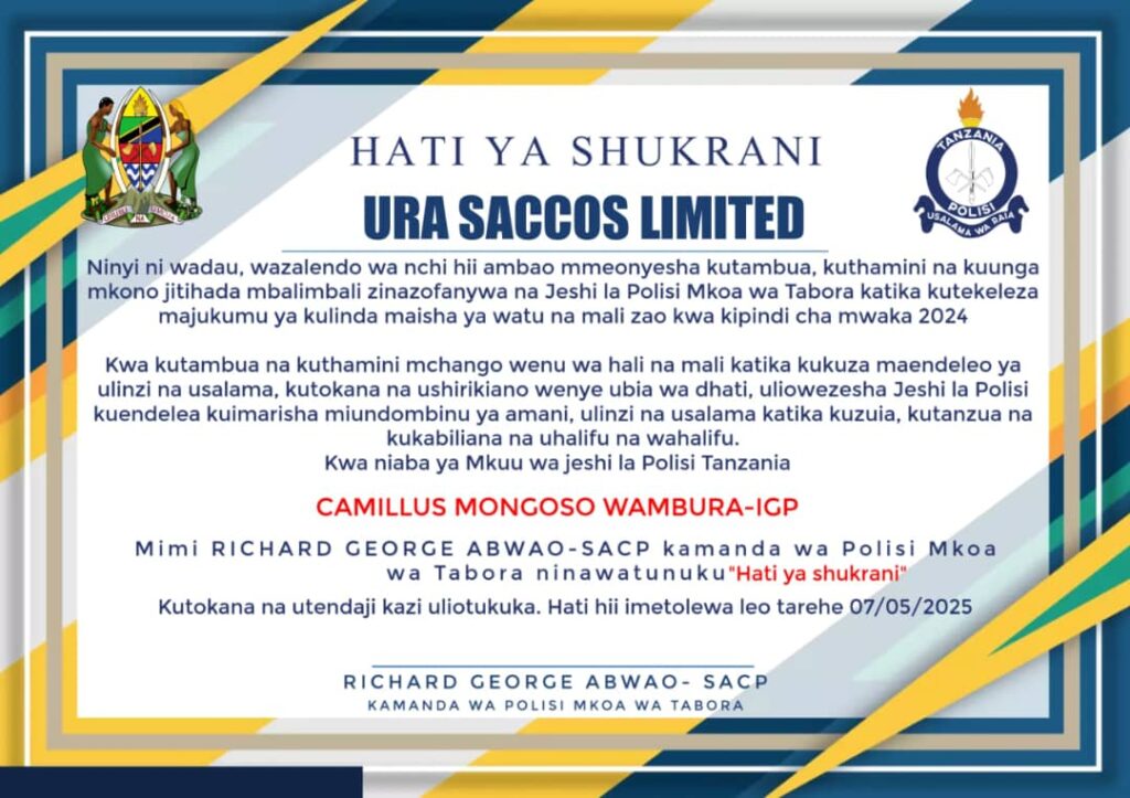 Cheti cha pongezi Tabora